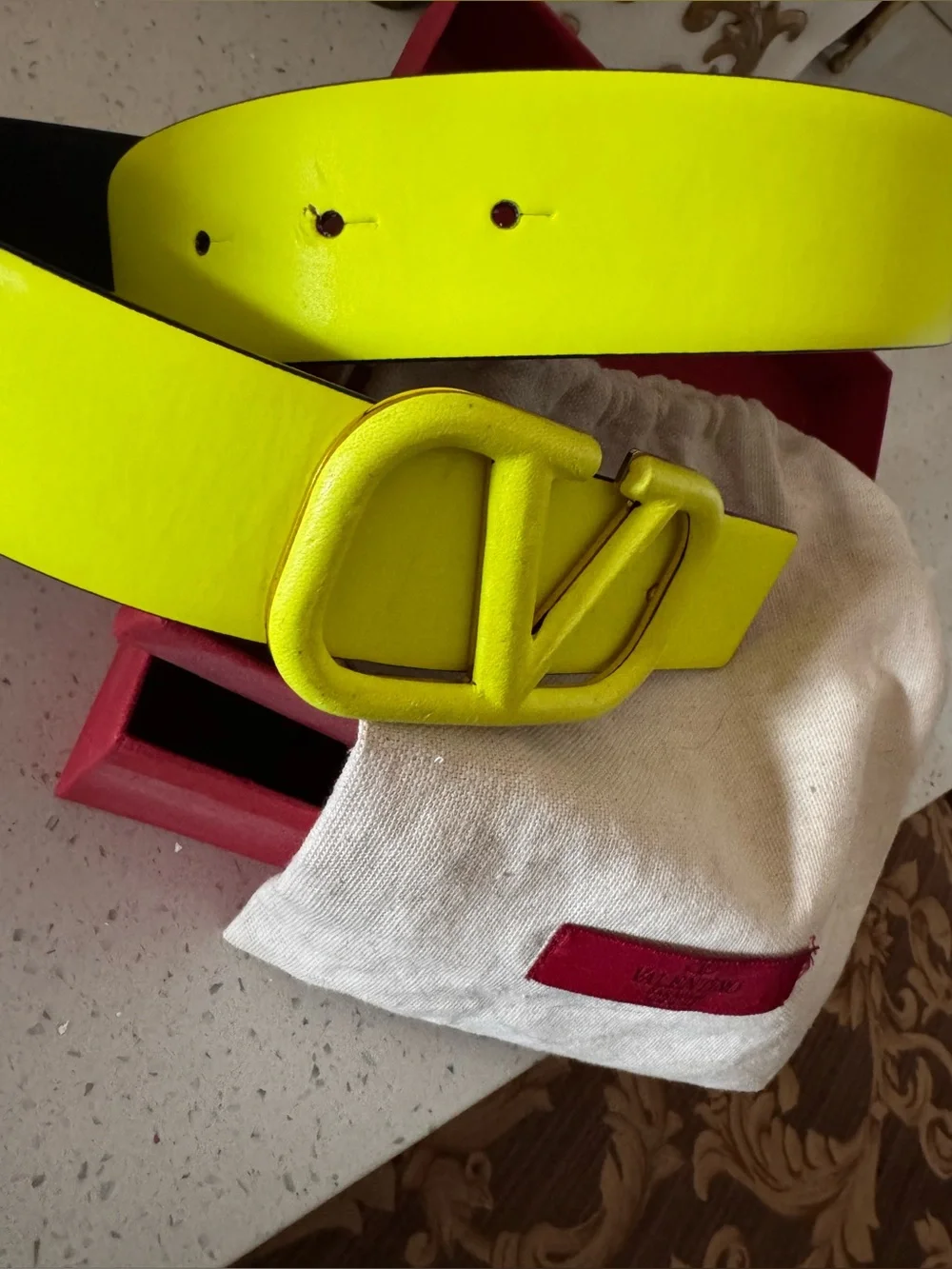 Valentino Garavani Reversible Neon Yellow V Logo Leather Belt Fluo
